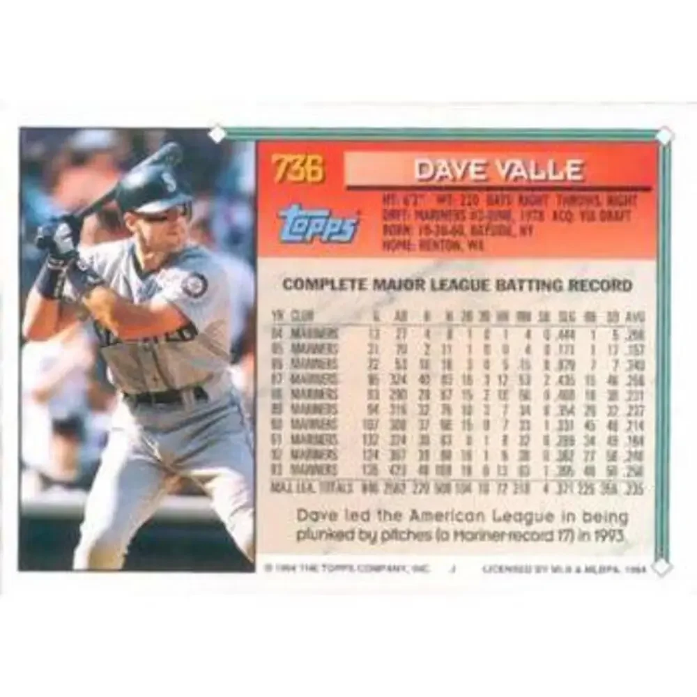 1994 Topps Dave Valle # 736 Seattle Mariners